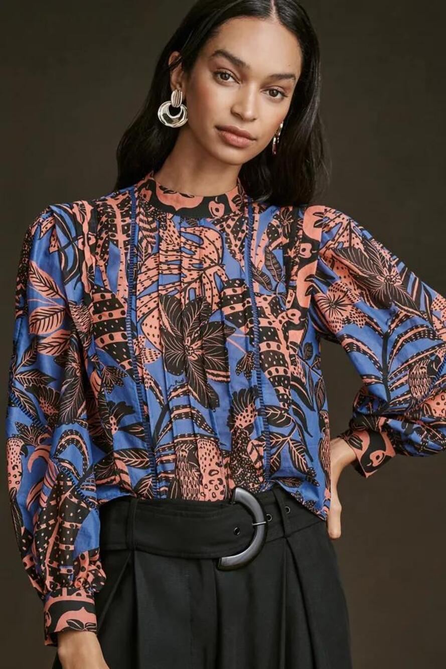 NWT Farm Rio Women’s M Blue Coral Floral Printed Blouse Long Sleeve Top